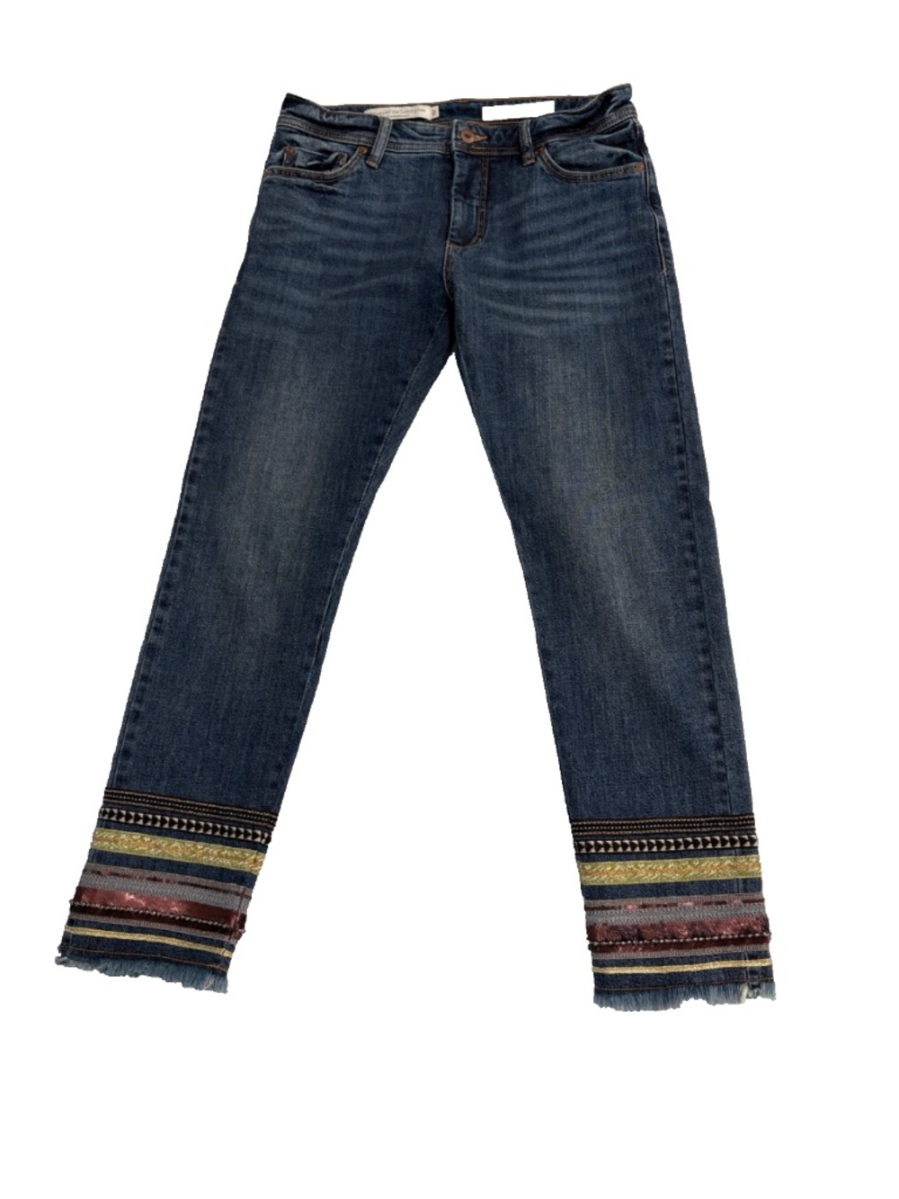 Anthropologie Pilcro Embroidered Cuff Slim Straight Jeans High Rise Boho Size 26
